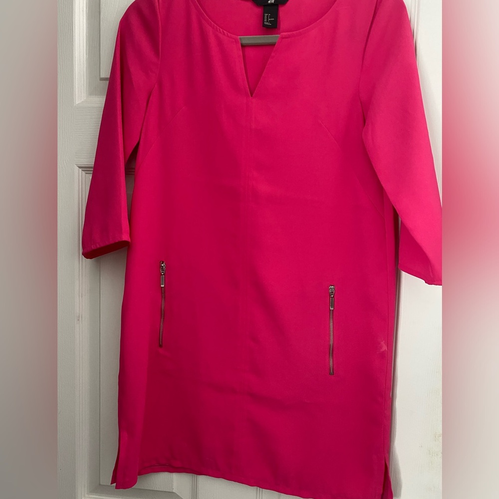 Hot pink crepe size 4 shift dress. Two silver zipper  front pockets.